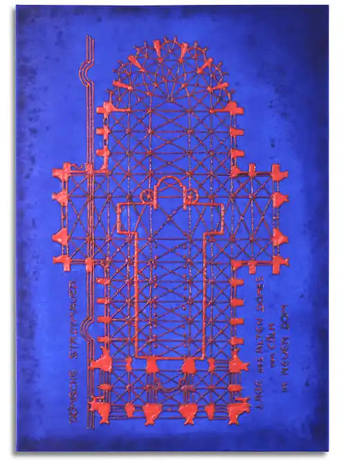 Complementary: Leuchtend rote Grundrisslinien stehen vor einem intensiv ultramarinblauen Hintergrund.