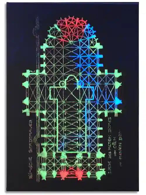 Magical Cathedral: Neonfarbene Linien in Grün, Blau und Pink durchziehen die nächtlich dunkle Komposition.